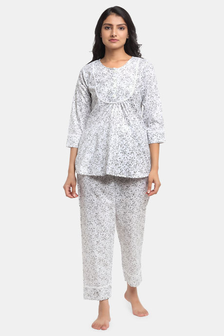 Buy Aujjessa Straight Rayon Loungewear Set White Grey at Rs.1899